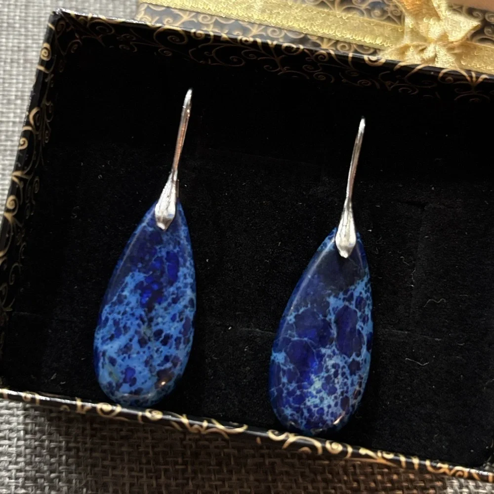 Blue Jasper Natural Gemstone Pendant Teardrop Earrings Silver Handmade Healing